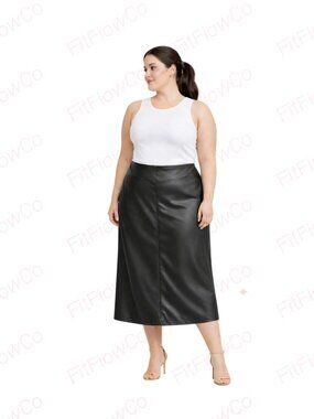 A New Day Black Faux Leather Midi Skirt Size 14 NWT Side Zip Back Slit